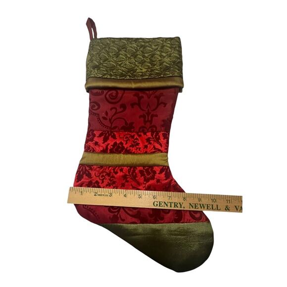 Vintage Satin Christmas Stocking Red Green Holiday Embroidered Damask Victorian - Picture 4 of 5
